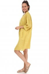 Kadın İthal İtalyan Sarı Önü Düğmeli Cep Detaylı Midi Boy Keten Kap 16296 - 2