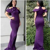 Kadın Mor Atlas Kumaş Omuz Dekolteli Abiye Elbise 10256 - 1