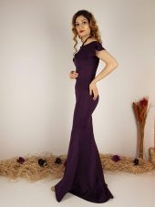 Kadın Mor Atlas Kumaş Omuz Dekolteli Abiye Elbise 10256 - 2