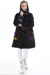 Kadın İthal İtalyan Siyah Çiçek Detay Desenli Kaban 16117 - 1