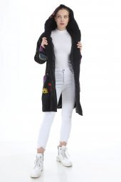 Kadın İthal İtalyan Siyah Çiçek Detay Desenli Kaban 16117 - 2