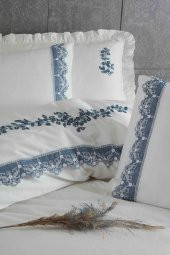 Ecocotton Organik Pamuk King Size 220x240 Nevresim Takımı - Asel Krem-Mavi - 2