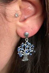 Hayat Ağacı Göz Motifli Oksitli Telkari Gümüş Bayan Küpe - 1