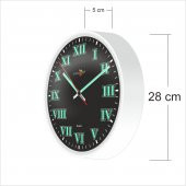 Büyük 28 cm Fosforlu Klasik Romen Rakkamlı Beyaz Çerçeveli Ön Camlı Siyah Zeminli Sessiz Duvar Saati - 2