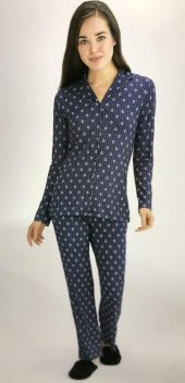 EROS Lacivert Desenli Pamuk Gömlek Pijama Takımı - 2