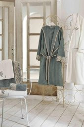 Ecocotton Organik Pamuk Aile Bornoz Seti - Azra Krem-Yeşil 10 Parça - 1