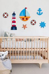 Lazer Kesim 7 Parça Ahşap Denizci Seti Duvar Süsü Çocuk Odası Dekoru - 1