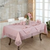 Keten Masa Örtüsü Takımı 12 Kişilik Pudra - 1