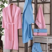 Özel Nakışlı İşlemeli 6 Parça Bornoz Seti Pembe- Mavi Çeyizlik - 1