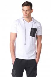Kapüşonlu Deri Cepli Erkek Tshirt - 6