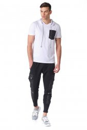 Kapüşonlu Deri Cepli Erkek Tshirt - 9
