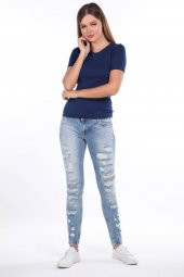 Blue White Yırtık Açık Kadın Jean Pantolon - 3