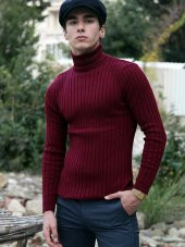 Balıkçı Yaka Fitilli Bordo Erkek Triko Kazak - 1