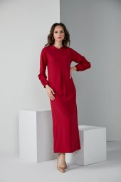 KOL LASTİKLİ A PİLE TESETTÜR ELBİSE BORDO 4006 - 1