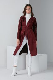 İNCİLİ PÜSKÜLLÜ KUŞAKLI TRENÇKOT BORDO 4008 - 1