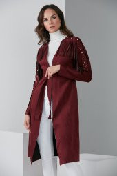 İNCİLİ PÜSKÜLLÜ KUŞAKLI TRENÇKOT BORDO 4008 - 3