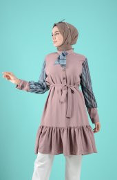 KOL YAKA GARNİLİ DÜĞMELİ KEMERLİ  TESETTÜR TUNİK VİZON 5005 - 1