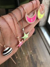 925 Ayar Gümüş Neon Siyah Beyaz Yuvarlak Rose Gümüş Kolye - 7