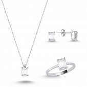 925 Ayar Gümüş Swarovski Baget Tek Taş Set - 1