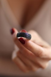 925 Ayar Gümüş Tam Tur Siyah Taşlı Kalın Yüzük - 3