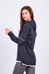 Kadın Önü Kısa Arkası Uzun Tüy Baskılı Kapişonlu Tunik- Füme - 6
