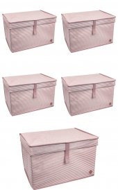 5 Adet - Kapaklı Organizer Maxi Kutu - Çok Amaçlı ( Çamaşır-Saklama-Düzenleme vb.) Maxi Hurç, Kutu 50x40x30 - Maxi Boy Kutu - Pembe - 1