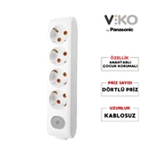 Viko | Dörtlü Grup Priz, Anahtarlı Topraklı - Çocuk Korumalı Çoğaltıcı Priz  [4'lü, Kablosuz, Beyaz] - 1