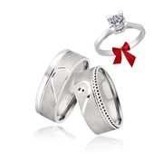 Birleşen Kalp Motifli Çizgili Çift Gümüş Alyans Yüzük - 1