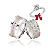 Rose Çizgili Çift Gümüş Alyans Yüzük - 1