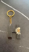 H Harfi Siyah Renk Kurutulmuş Sarı Papatya Çiçekli Simli Anahtarlık Gold Aksesuarlı El Yapımı Epoksi - 6