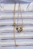 316L Çelik Zincir Altın Renk Zirkon Taşlı Mıknatıslı Kalp Kolye - EBJ240912W27839 thumbnail 2