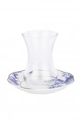 12 Parça Kuşlu Mavi Çiçekli New Bone Çay Bardağı Takımı - 1