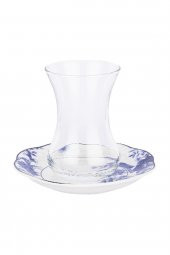 12 Parça Kuşlu Mavi Çiçekli New Bone Çay Bardağı Takımı - 2