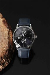 Lacivert Deri Kordon Gümüş Metal Kasa Erkek Saat - 3