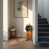 Dekoratif Ahşap Saksılık Çiçeklik Ahşap Saksı Altlığı 30x30x45 cm Tekerlekli Saksı Sehpası - 1