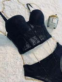 Simli Lez Büstiyer Sütyen Külot Takım - Siyah - 9