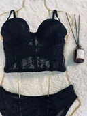 Simli Lez Büstiyer Sütyen Külot Takım - Siyah - 2