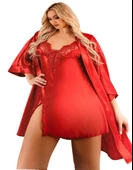 Visatin Kadın Kırmızı Güpürlü İkili Saten Gecelik Sabahlık Takım 3004 - 4