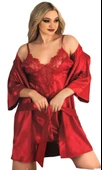 Visatin Kadın Kırmızı Güpürlü İkili Saten Gecelik Sabahlık Takım 3004 - 3