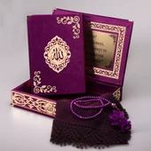 Şal + Tesbih + Kuran Hediye Seti (Orta Boy, ŞemsLafzatullah, Gold Pleksi, Raşel Kutu, Mor) thumbnail 2