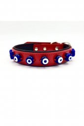 Hakiki Deri Nazar Boncuklu Köpek Tasması Kırımızı 56cm X 2,5cm - 1