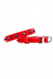 Hakiki Deri Nazar Boncuklu Kedi Ve Köpek Tasması Kırımızı 38cm X 1,5cm - 1