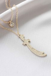 Kılıç Figürlü Gold Renk Taşlı Kadın Kolye - 1
