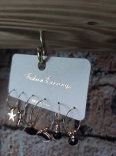 Kadın Gold Siyah Taşlı Üçlü Halka Küpe - 1