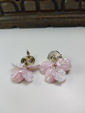 Kadın  Açık Pembe Çiçek Yapraklı Gold Şık Küpe - 3