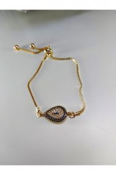 Zirkon Taşlı Gold Renk Damla Asansörlü Nazarlıklı Bileklik - 1
