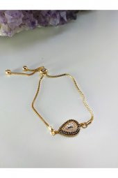 Zirkon Taşlı Gold Renk Damla Asansörlü Nazarlıklı Bileklik - 2