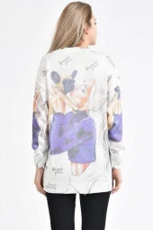 Köpekli Kadın ve Yazı Baskılı Ekru-Lila Kadın Kazak - 4