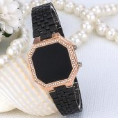 Siyah Zirkon Taşlı Tasarımlı Kasa Çelik Kordonlu Bayan Kol Saati - 5