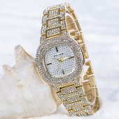 Şık Özel Tasarım Sarı Renk Zirkon Taşlı Çelik Kasa Bayan Kol Saati ST-303706 thumbnail 3